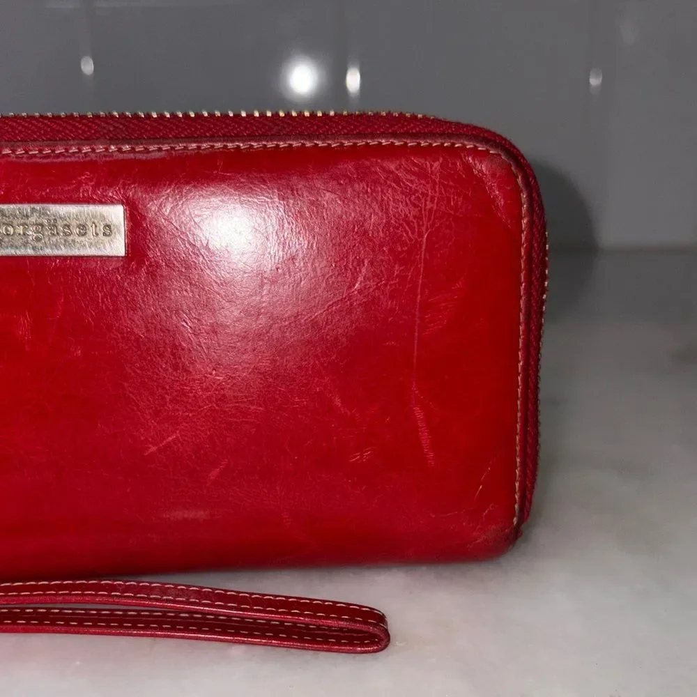 Borgasets Wallet Clutch Red Leather Double  Zip Around Wristlet